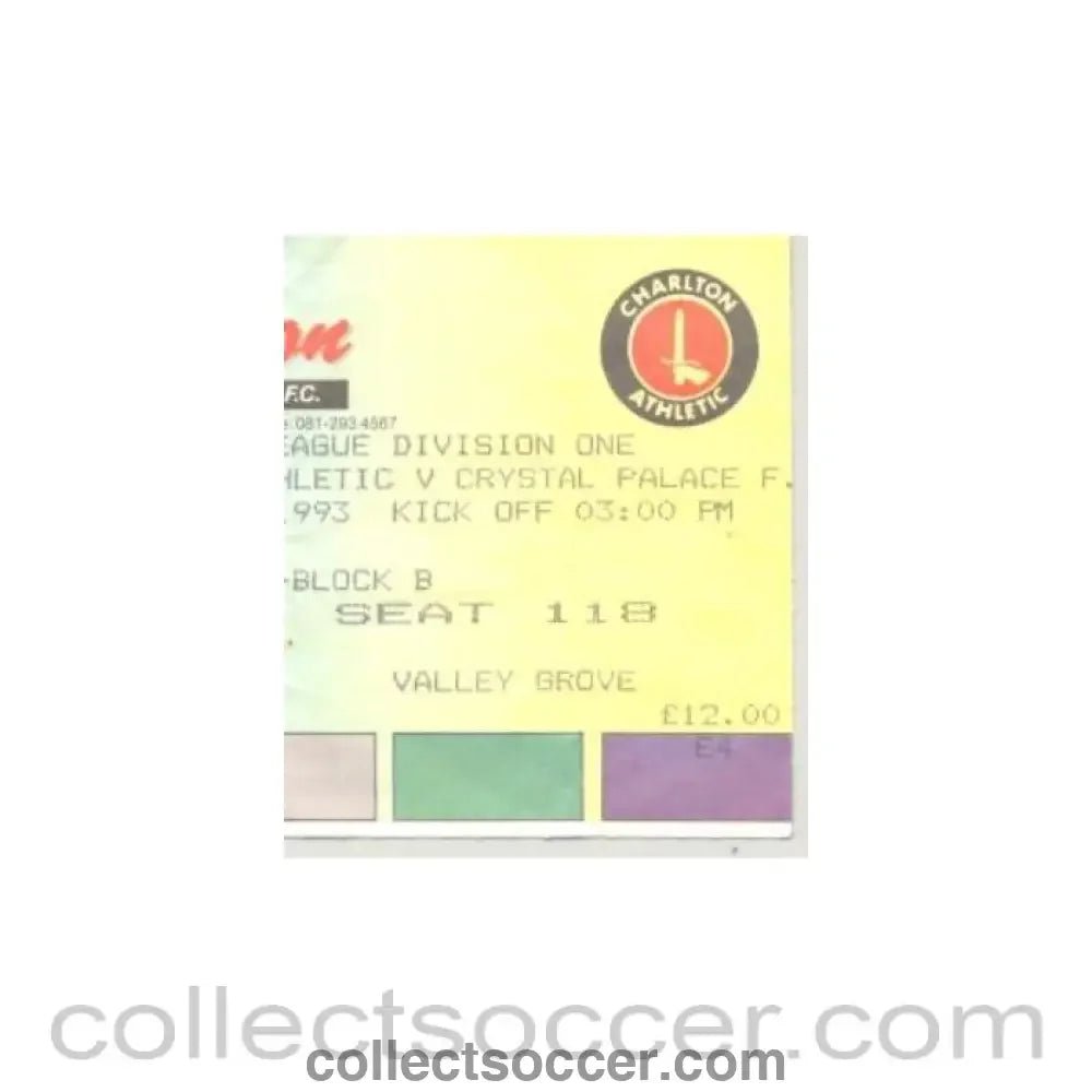 1993 - Charlton Athletic v Crystal Palace ticket of 1993 - Collect Soccer