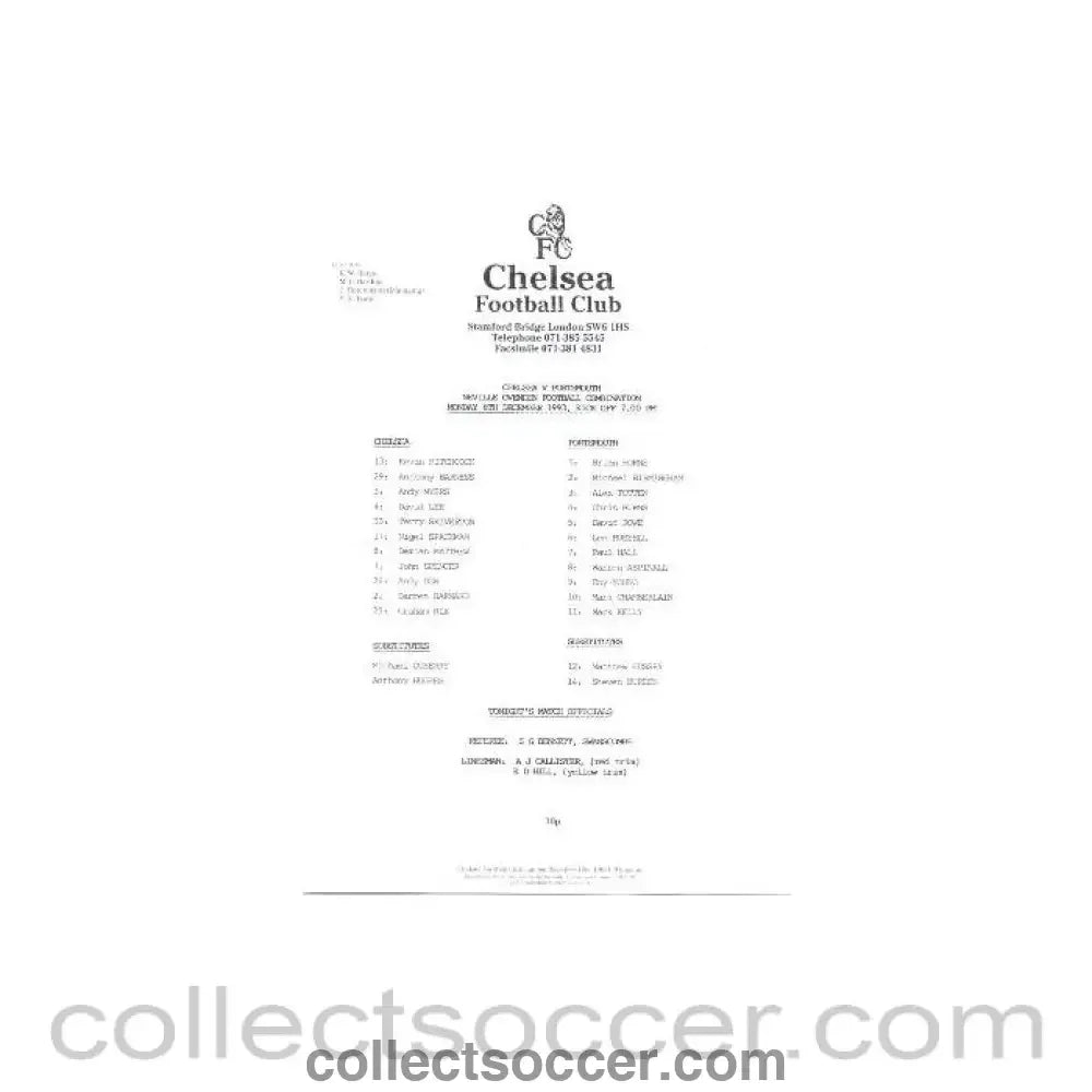 1993 - Chelsea v Portsmouth Reserves official teamsheet 06/12/1993 Football Combination - Collect Soccer