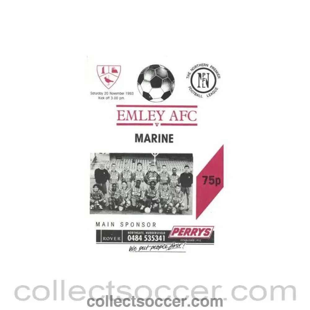 1993 - Emley v Marine official programme 20/11/1993 Northern Premier Football League - Collect Soccer