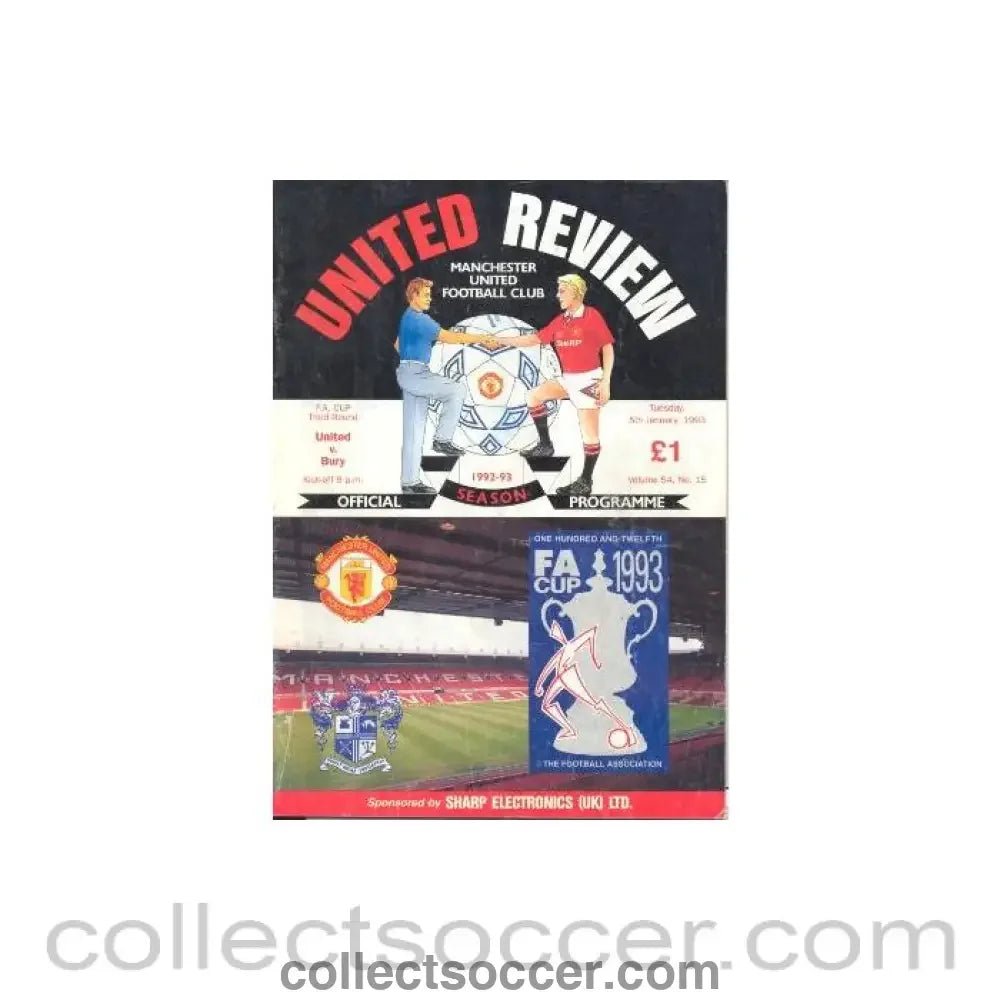 1993 - Manchester United v Bury official programme 05/01/1993 F.A. Cup - Collect Soccer