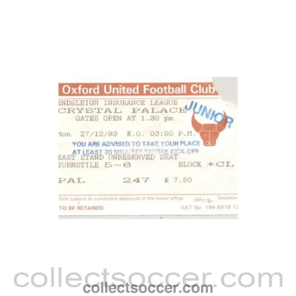 1993 - Oxford United v Crystal Palace ticket 27/12/1993 - Collect Soccer