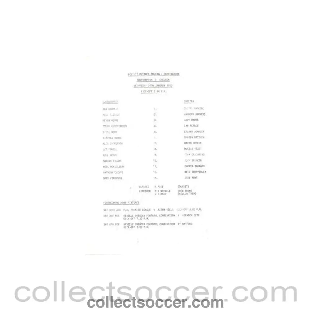 1993 - Southampton v Chelsea Reserves official teamsheet 20/01/1993 Football Combination - Collect Soccer