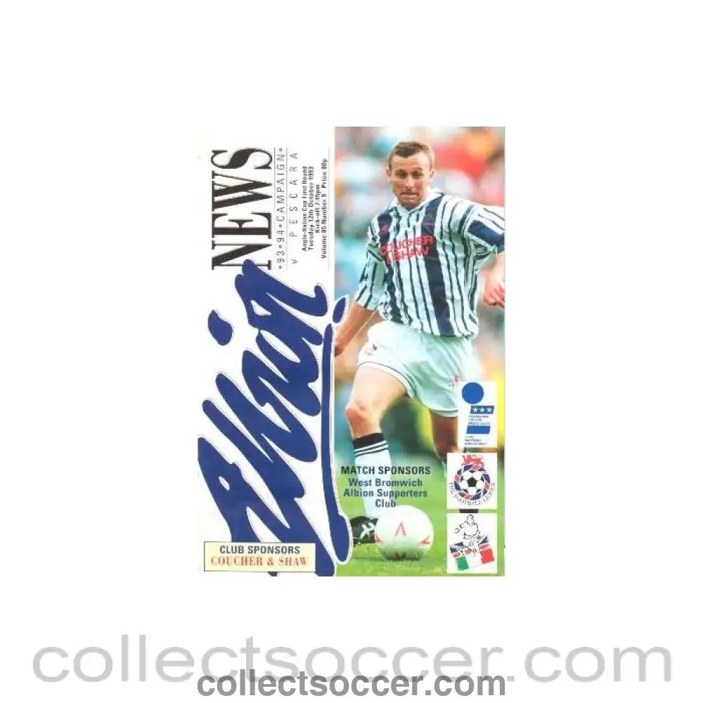 1993 - West Bromwich Albion v Pescara, Italy official programme 12/10/1993 Anglo - Italian Cup - Collect Soccer