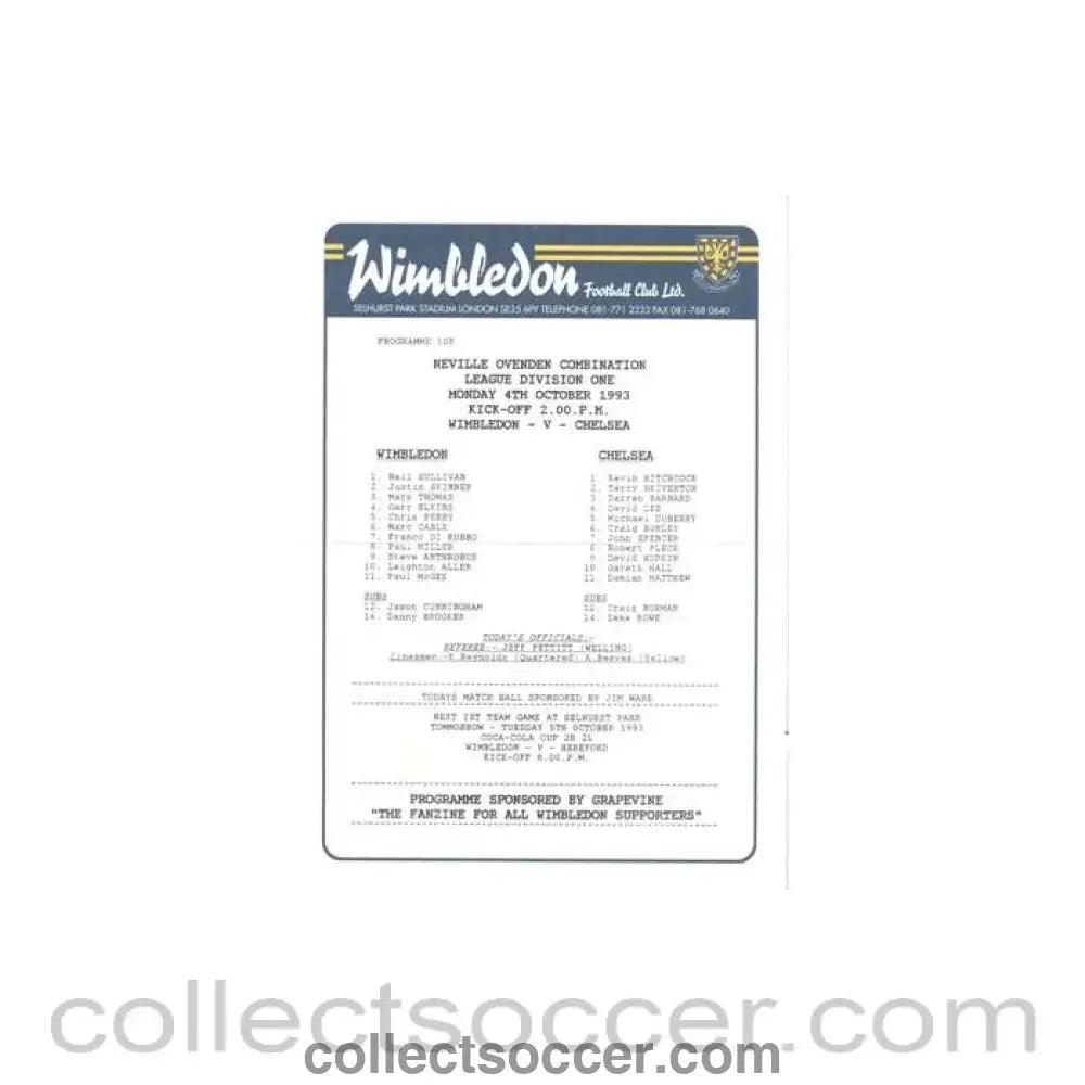 1993 - Wimbledon v Chelsea official colour teamsheet 04/10/1993 Neville Ovden Combination League Divizion 1
