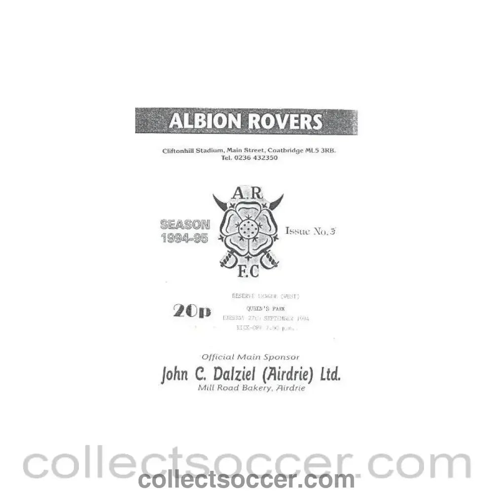 1994 - Albion Rovers v Queen's Park official programme 27/09/1994 Reserve League - Collect Soccer