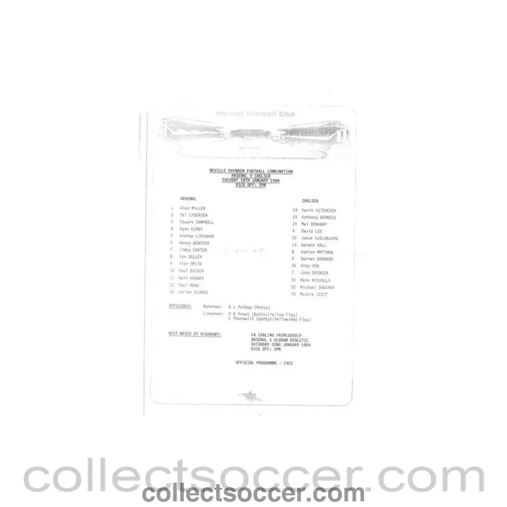 1994 - Arsenal v Chelsea Reserves official teamsheet 18/01/1994 Football Combination - Collect Soccer