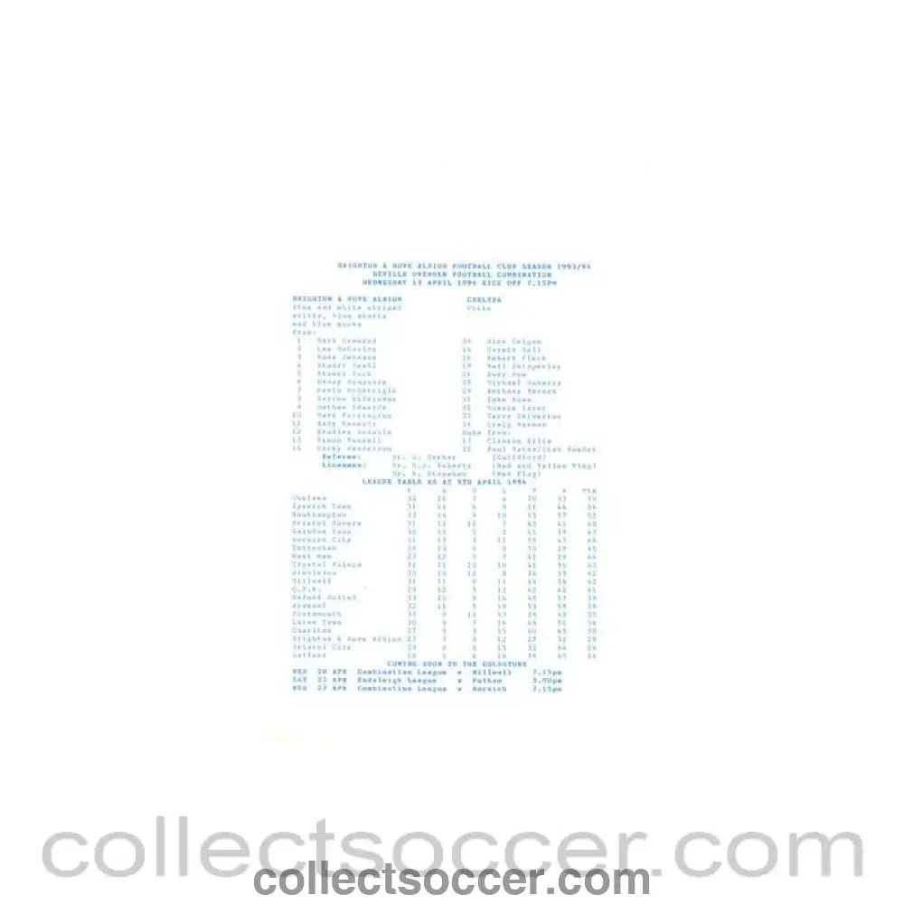 1994 - Brighton v Chelsea Reserves official teamsheet 13/04/1994 Football Combination - Collect Soccer