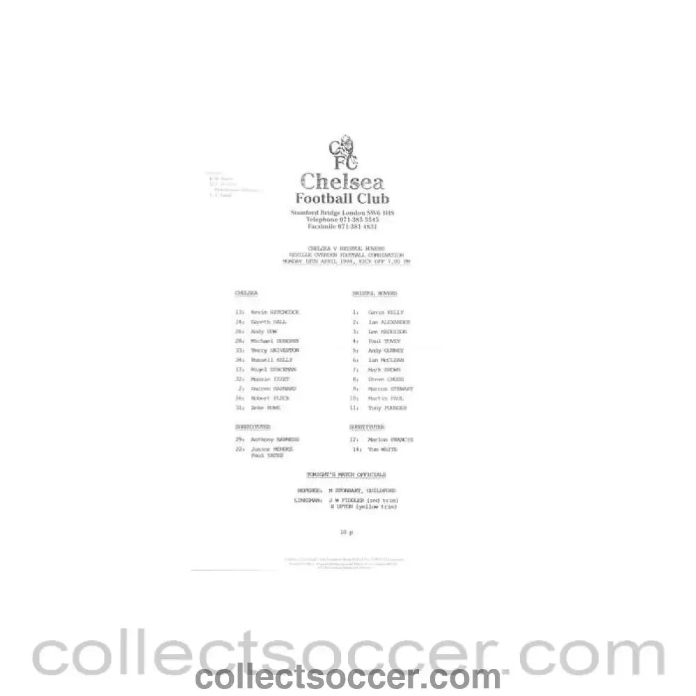 1994 - Chelsea v Bristol Rovers Reserves official teamsheet 18/04/1994 Neville Ovenden Football Combination - Collect Soccer