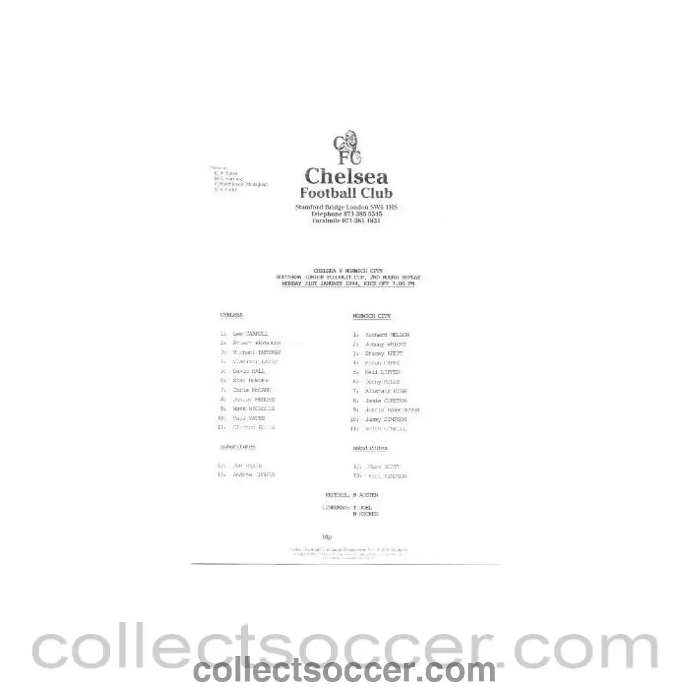 1994 - Chelsea v Norwich City official teamsheet 31/01/1994 - Collect Soccer