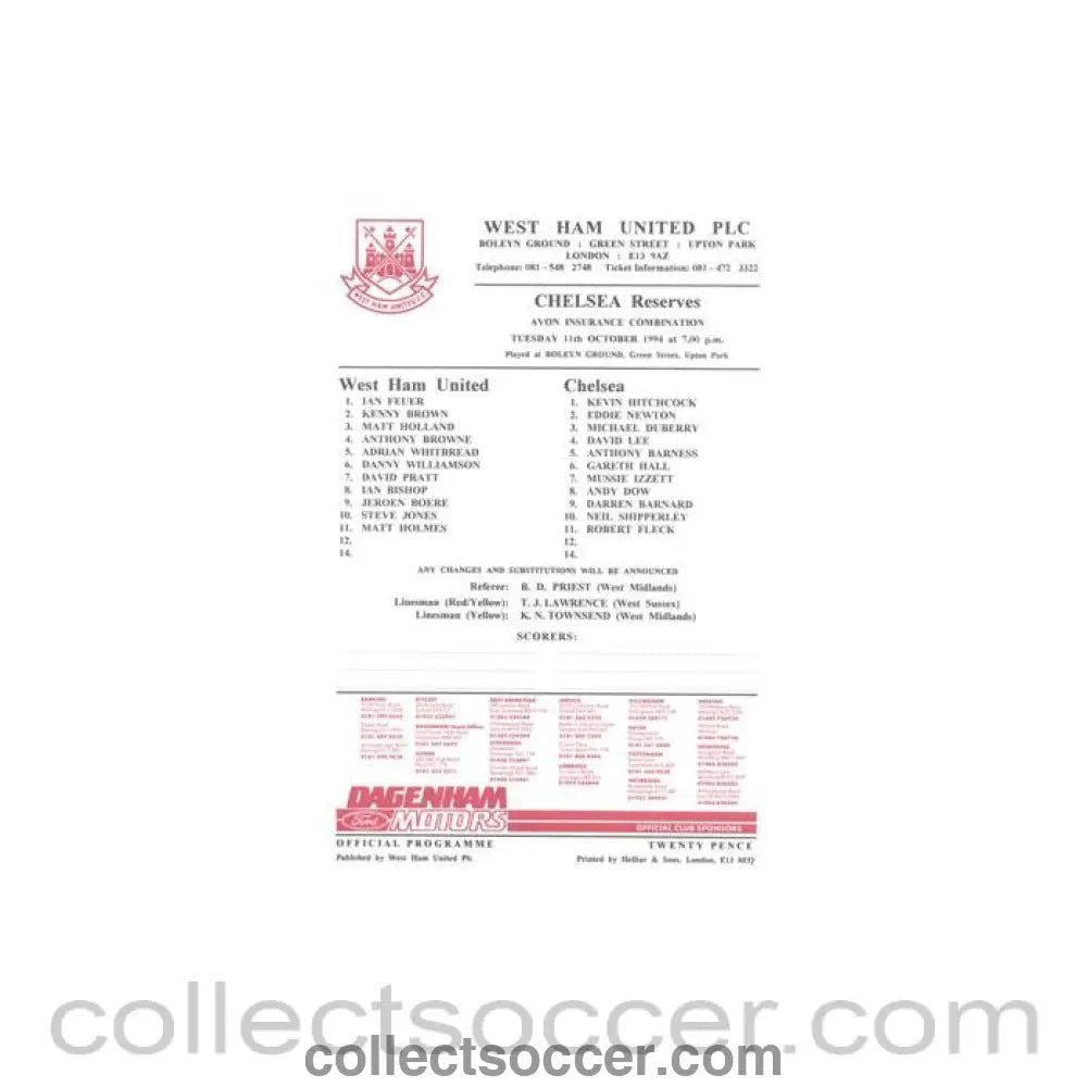 1994 - West Ham United v Chelsea Reserves official teamsheet 11/10/1994 Football Combination - Collect Soccer
