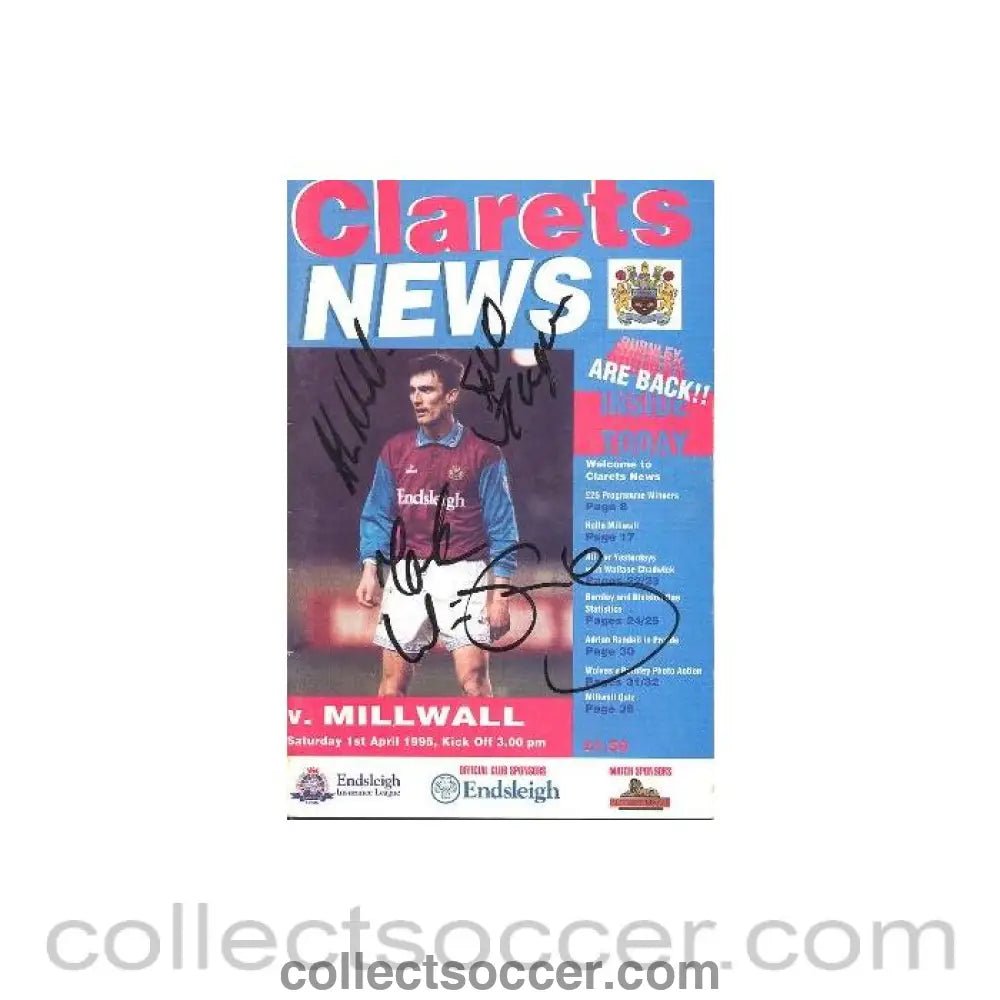 1995 - Burnley v Millwall official programme 01/04/1995 League, multi - signed - Collect Soccer