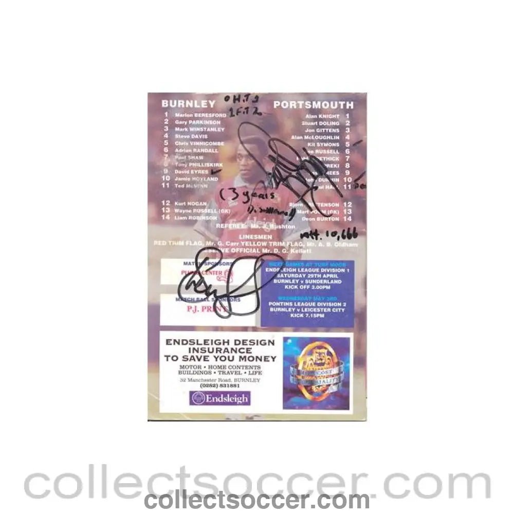 1995 - Burnley v Portsmouth official programme 22/04/1995 multi - signed - Collect Soccer