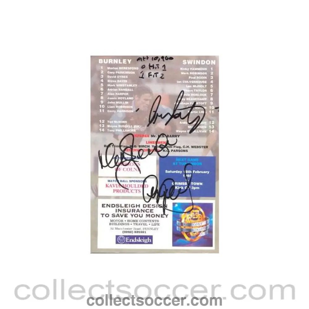1995 - Burnley v Swindon Town official programme 04/02/1995 signed by for footballers - Collect Soccer