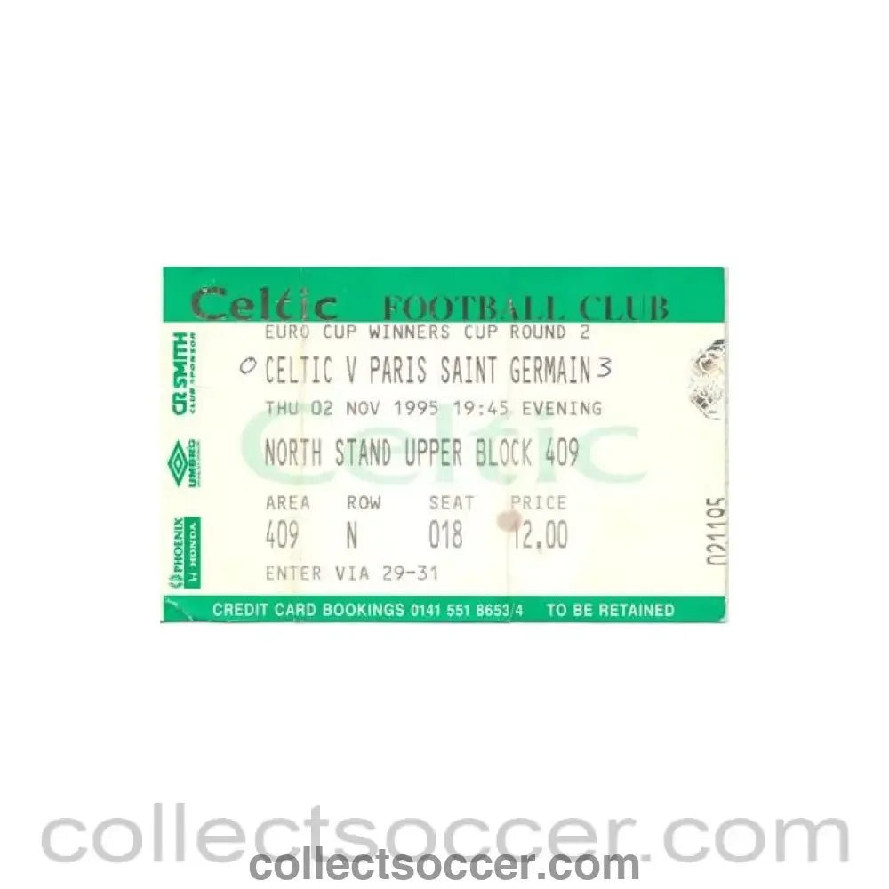 1995 - Celtic v Paris Saint - Germain ticket 02/11/1995 Cup Winners Cup - Collect Soccer