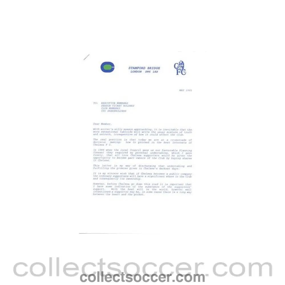 1995 - Chelsea FC letter of May 1995, originally signed by Ken Bates - Collect Soccer