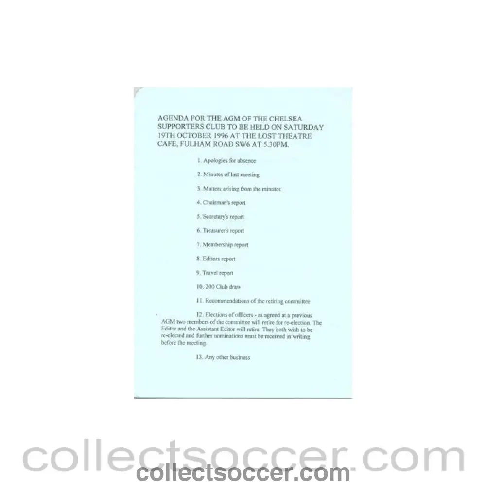 1996 - Chelsea Supporters' Club Annual General Meeting Agenda of 19/10/1996 - Collect Soccer