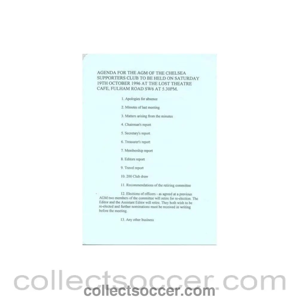 1996 - Chelsea Supporters' Club Annual General Meeting Agenda of 19/10/1996 - Collect Soccer