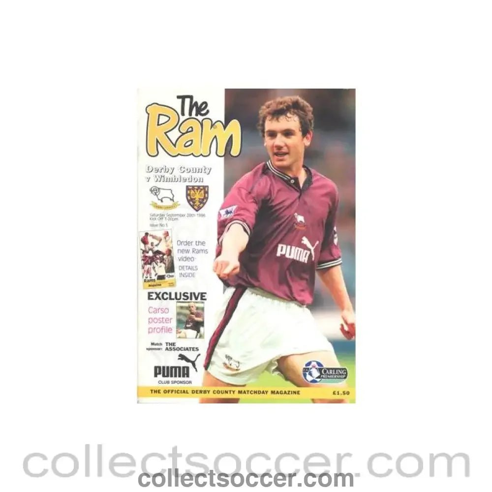 1996 - Derby County v Wimbledon official programme 28/09/1996 Football League - Collect Soccer