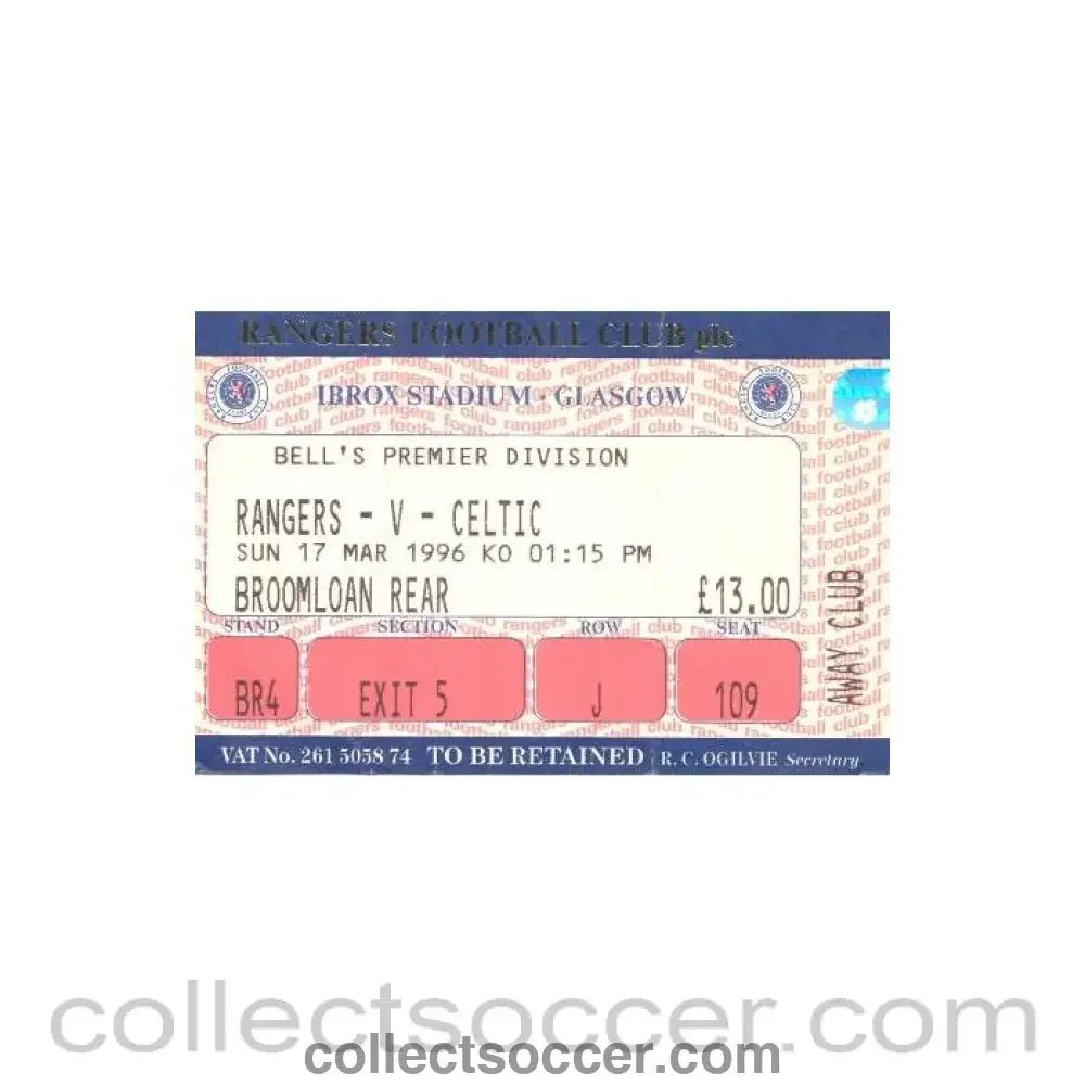 1996 - Glasgow Rangers v Celtic ticket 17/03/1996 Scottish Premier League - Collect Soccer