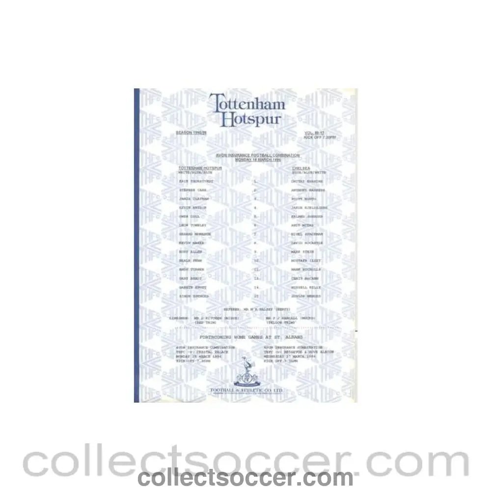 1996 - Tottenham Hotspur v Chelsea Reserves official teamsheet 18/03/1996 Football Combination - Collect Soccer