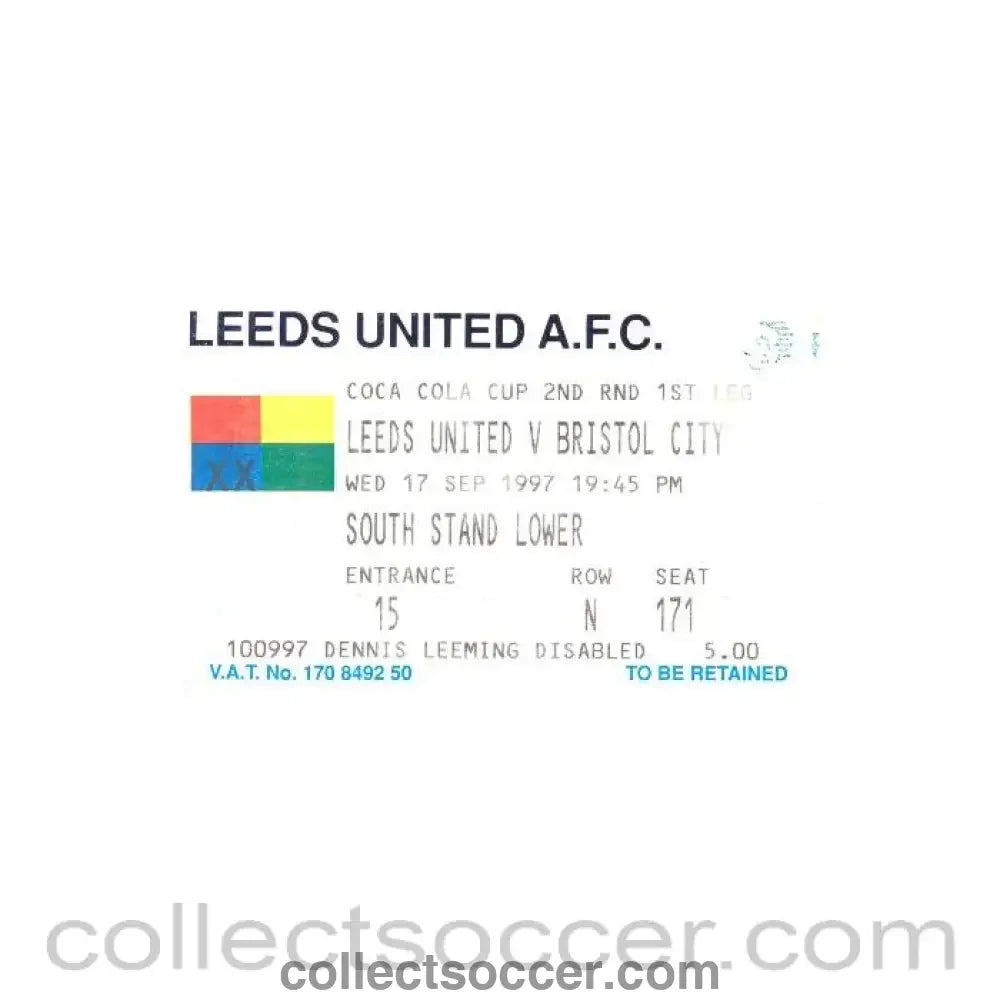 1997 - Leeds United v Bristol City ticket 17/09/1997 Coca Cola Cup