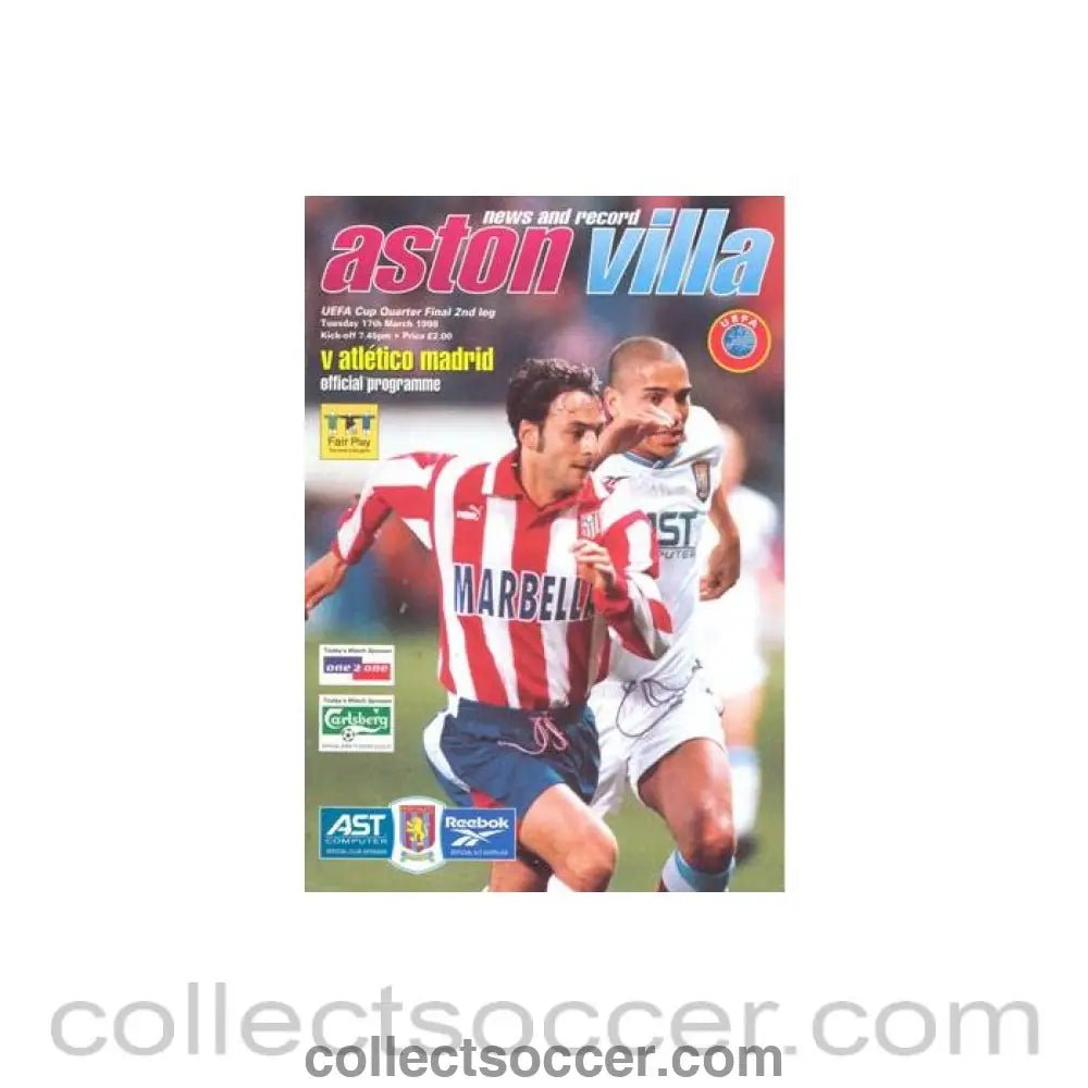 1998 - Aston Villa v Atletico Madrid official programme 17/03/1998 UEFA Cup - Collect Soccer