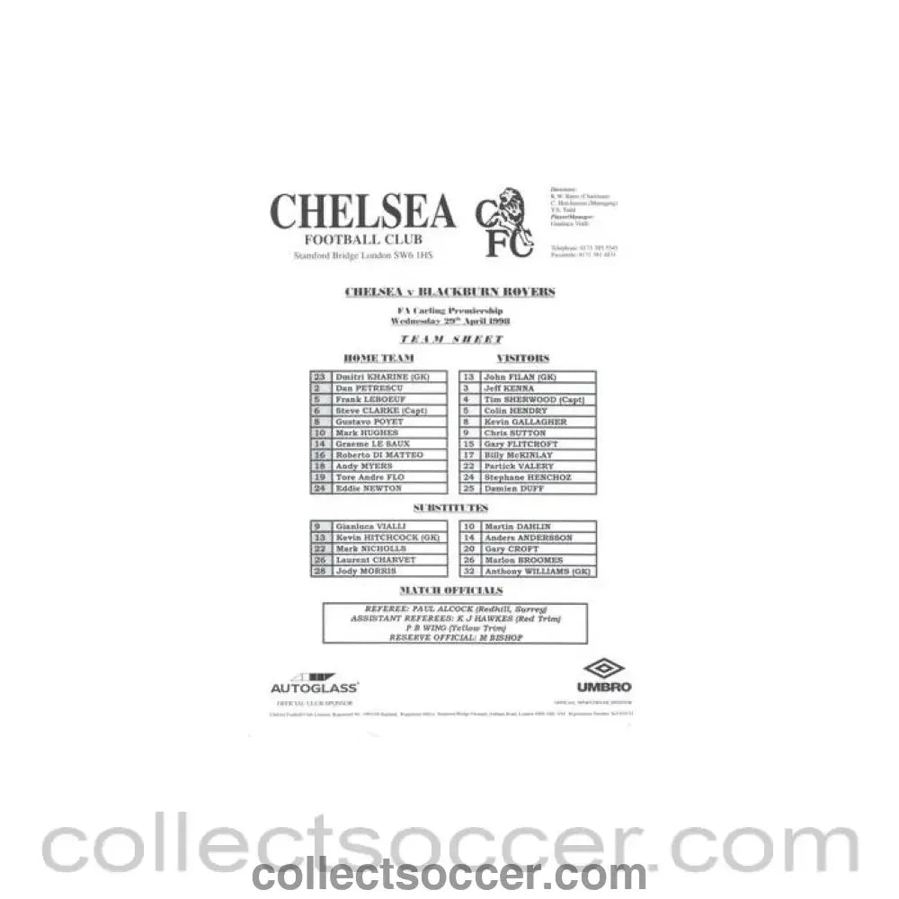 1998 - Chelsea v Blackburn Rovers official teamsheet 29/04/1998 Premier League