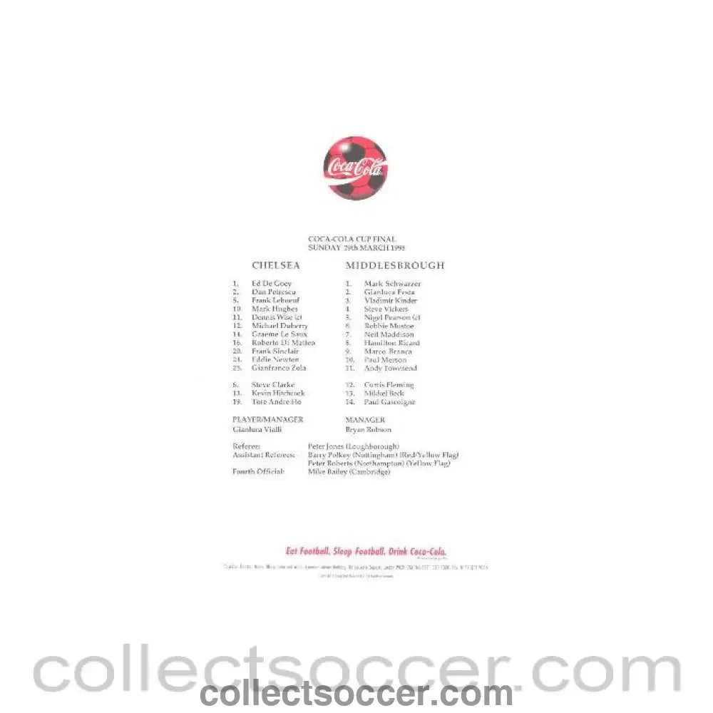 1998 - Chelsea v Middlesbrough official colour teamsheet 29/03/1998 League Cup Final