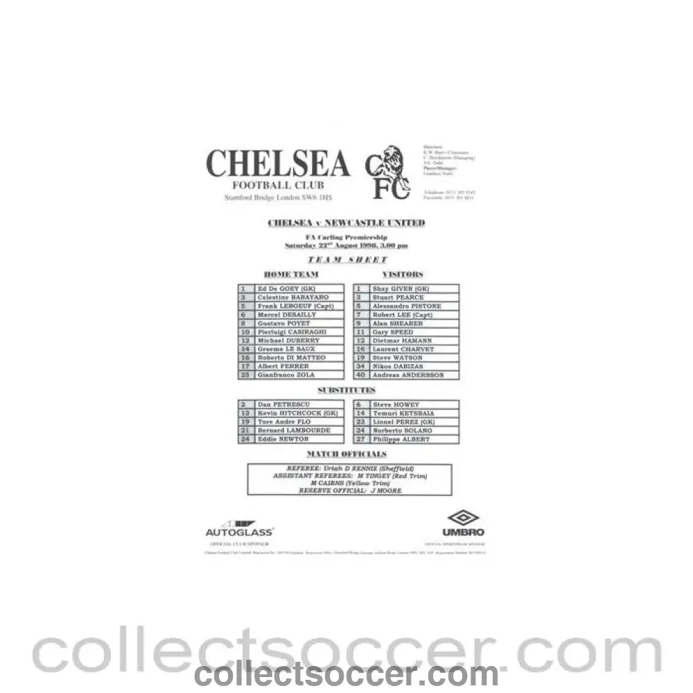 1998 - Chelsea v Newcastle United official teamsheet 22/08/1998 Premier League - Collect Soccer