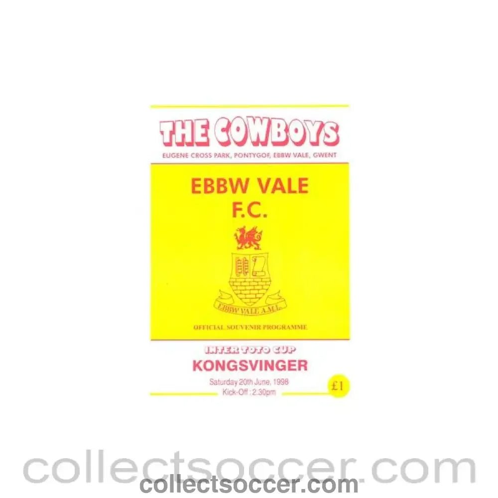1998 - Ebbw Vale v Kongsvinger official programme 20/06/1998 Intertoto Cup - Collect Soccer