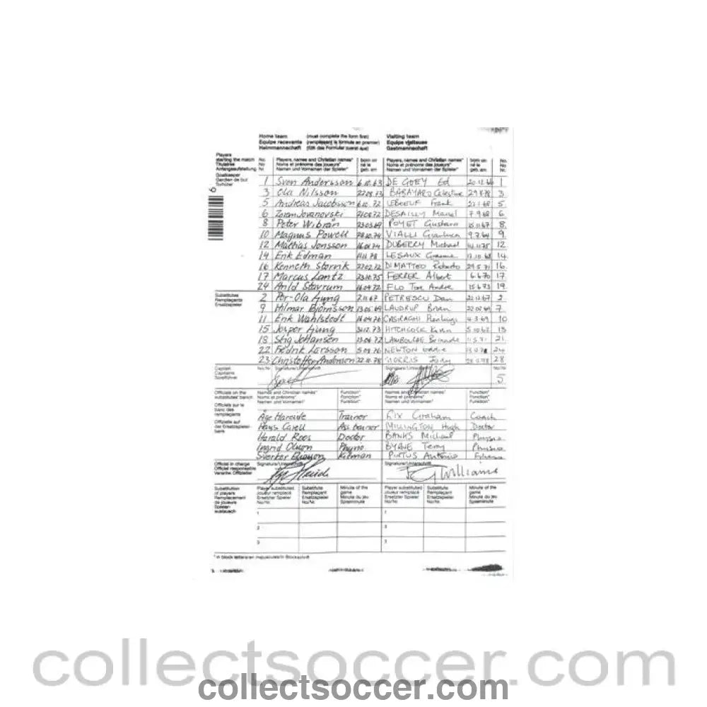 1998 - Helsingborg v Chelsea handwritten teamsheet 01/10/1998 - Collect Soccer