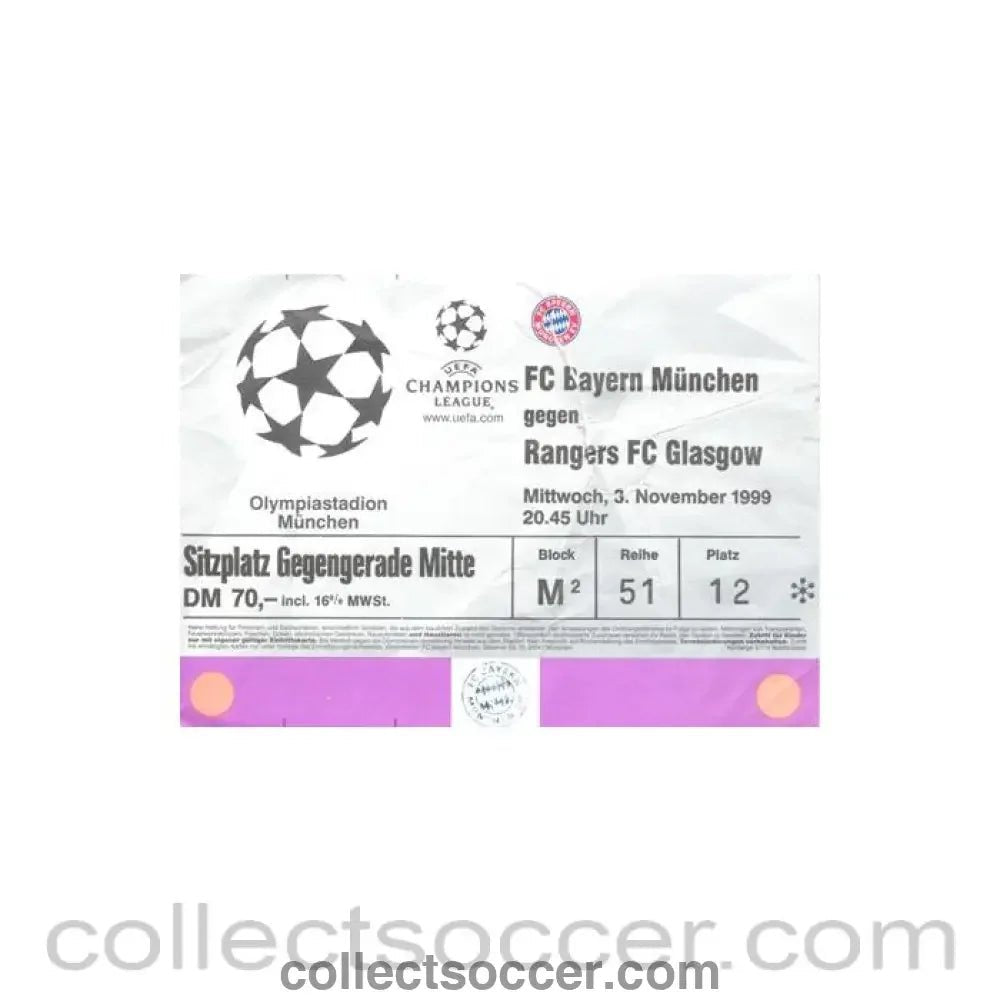 1999 - Bayern Munich v Glasgow Rangers ticket 03/11/1999 Champions League - Collect Soccer