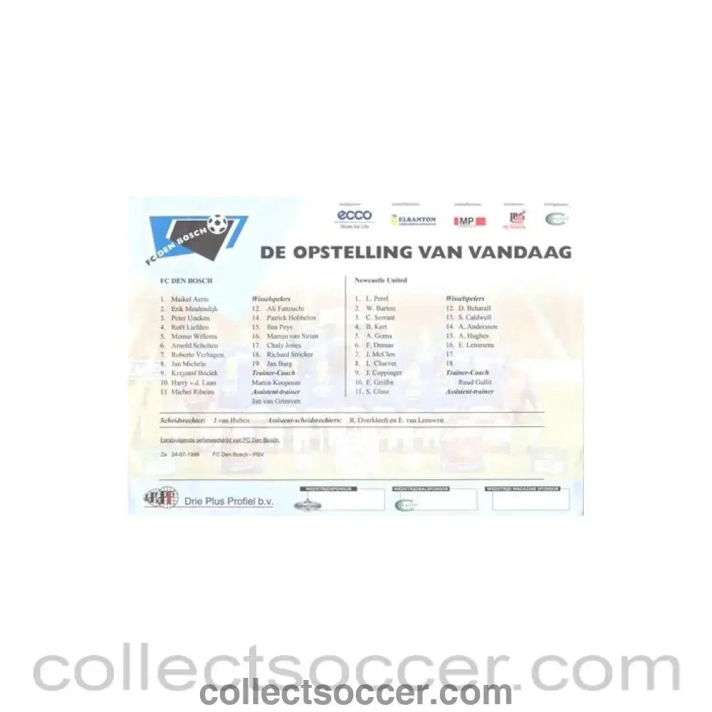 1999 - Den Bosch v Newcastle United official colour teamsheet 24/07/1999 - Collect Soccer