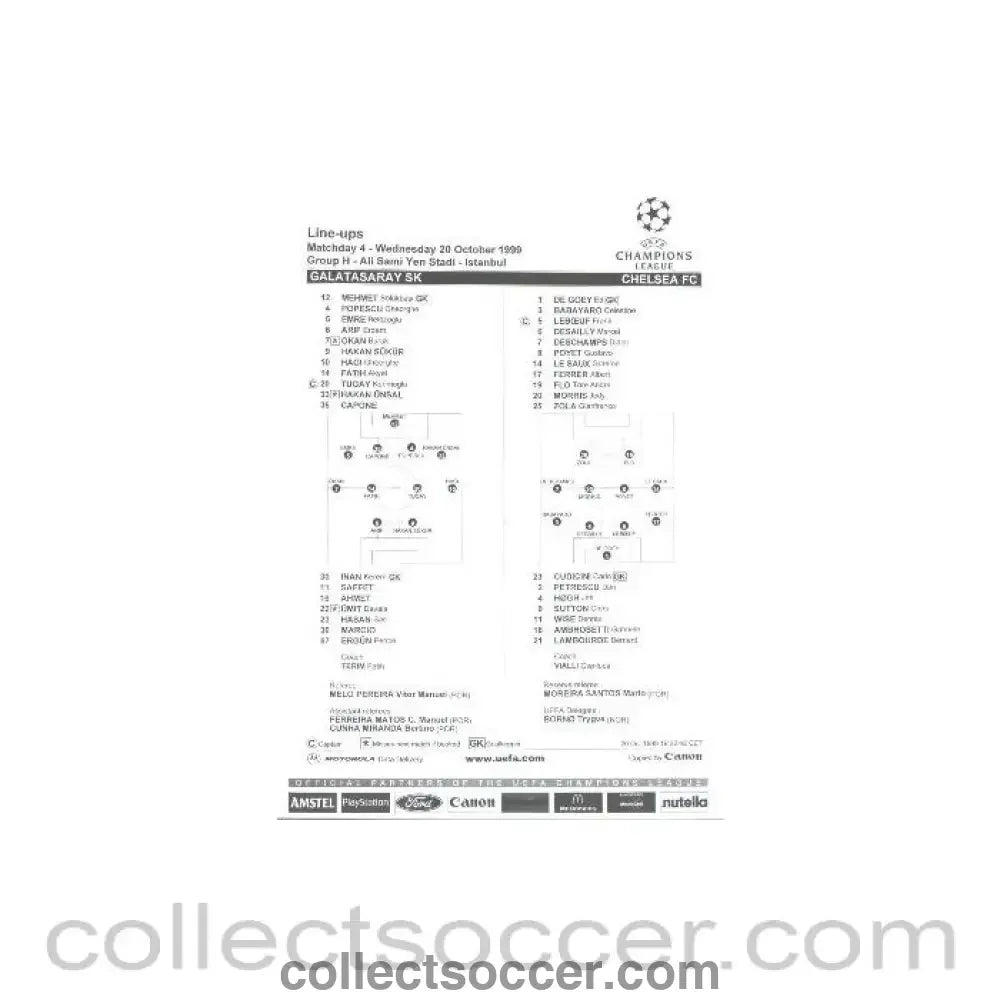 1999 - Galatasaray v Chelsea official line - ups 20/10/1999 - Collect Soccer