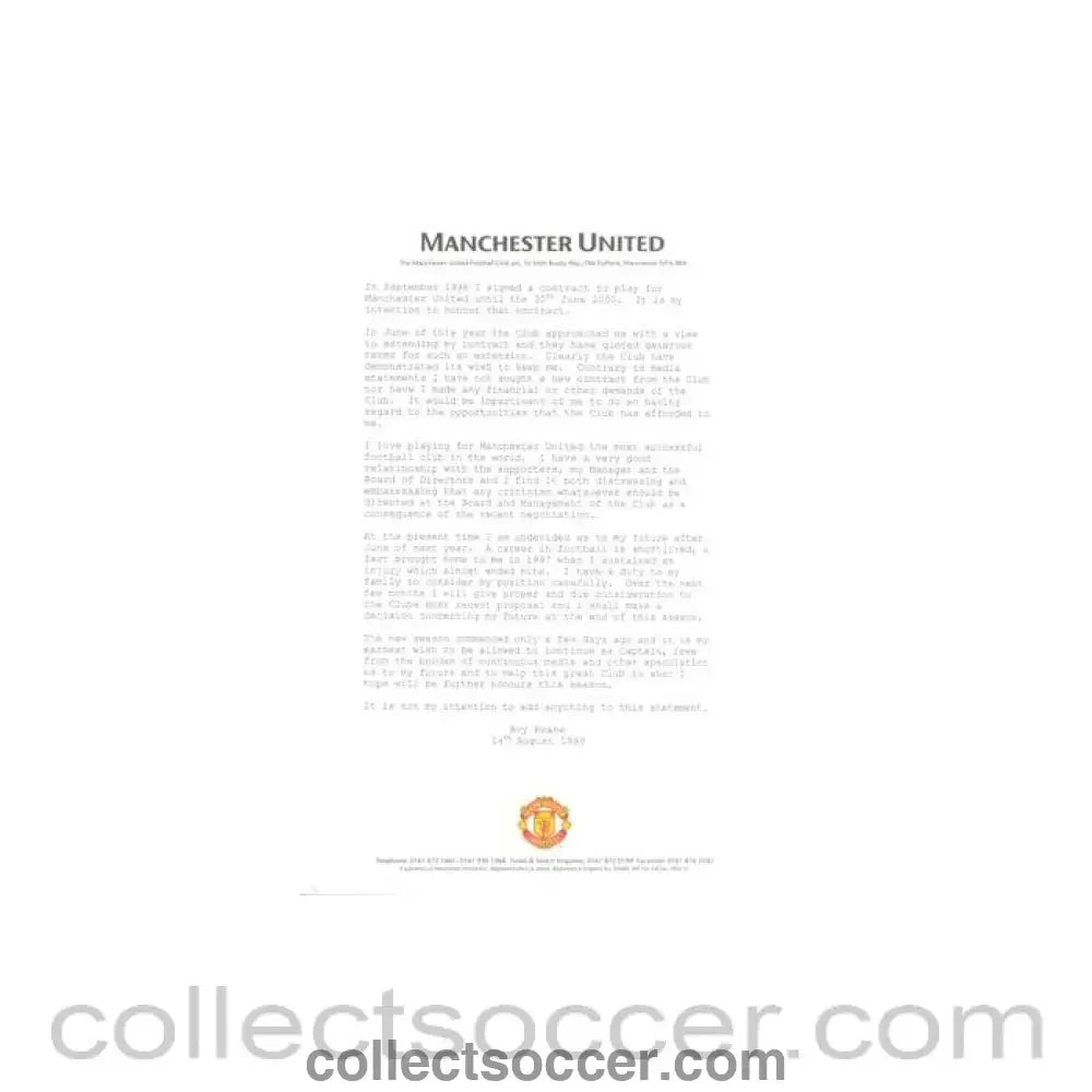 1999 - Media release statement from Manchester United Roy Keane to Manchester United FC of 14/08/1999 about him leaving