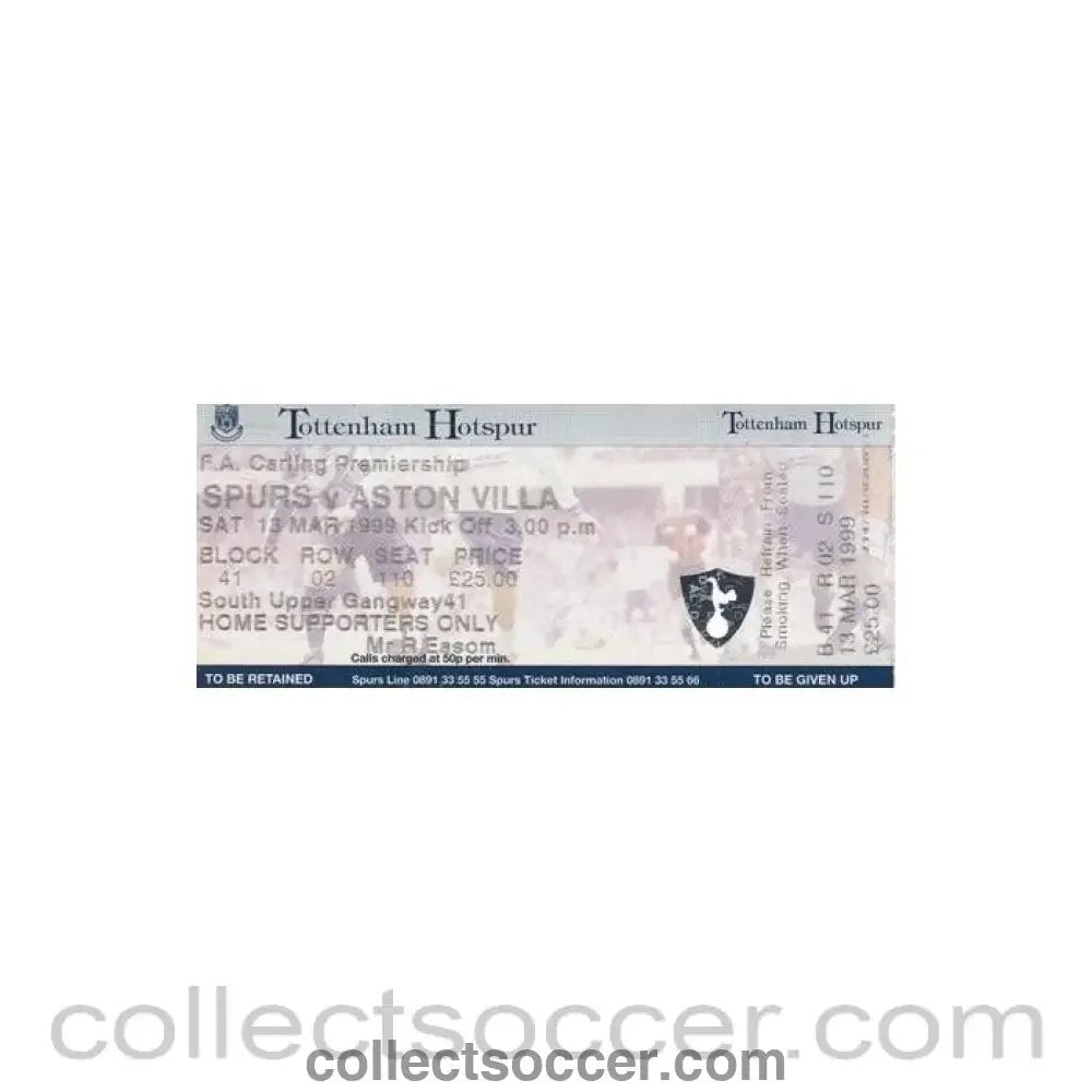 1999 - Tottenham Hotspur v Aston Villa unused ticket 13/03/1999 Premier League - Collect Soccer