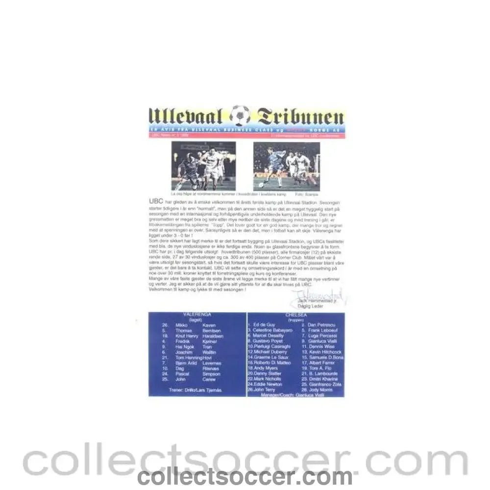 1999 - Valerenga v Chelsea press release 18/03/1999 originally signed by Jack Hemmestad - Collect Soccer