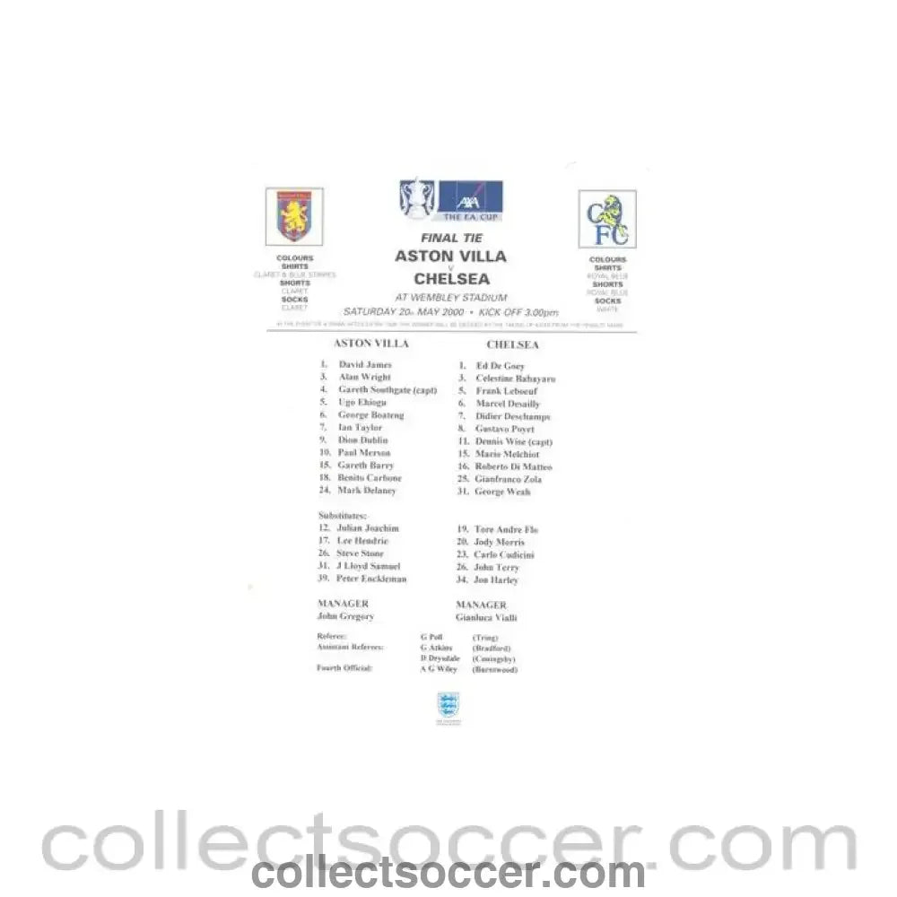 2000 - Aston Villa v Chelsea official colour teamsheet 20/05/2000 F.A. Cup - Collect Soccer