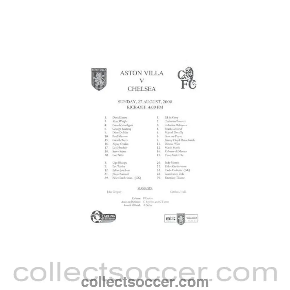 2000 - Aston Villa v Chelsea official teamsheet 27/08/2000 Carling Premiership - Collect Soccer