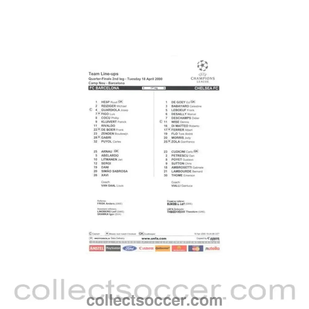 2000 - Barcelona v Chelsea official colour teamsheet 18/04/2000 Champions League