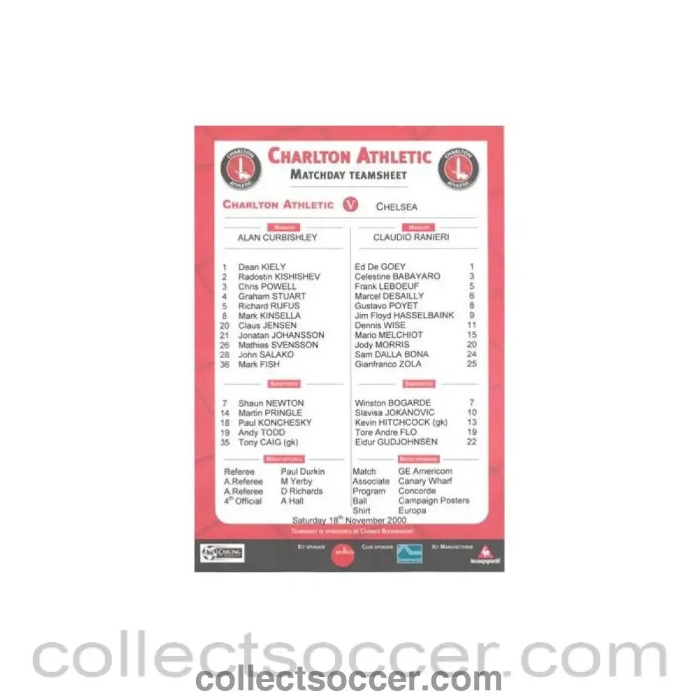2000 - Charlton Athletic v Chelsea official colour teamsheet 18/11/2000 Premier League - Collect Soccer