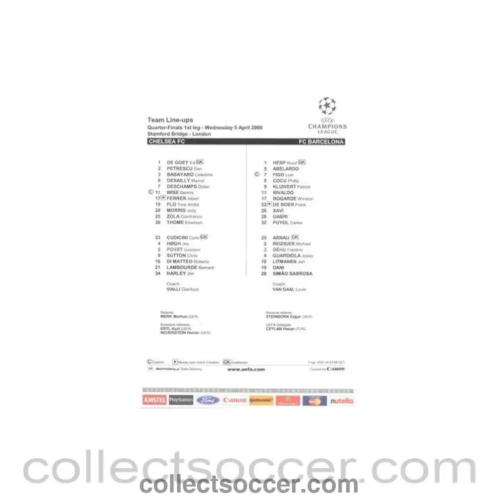 2000 - Chelsea v Barcelona official colour teamsheet 05/04/2000 Champions League