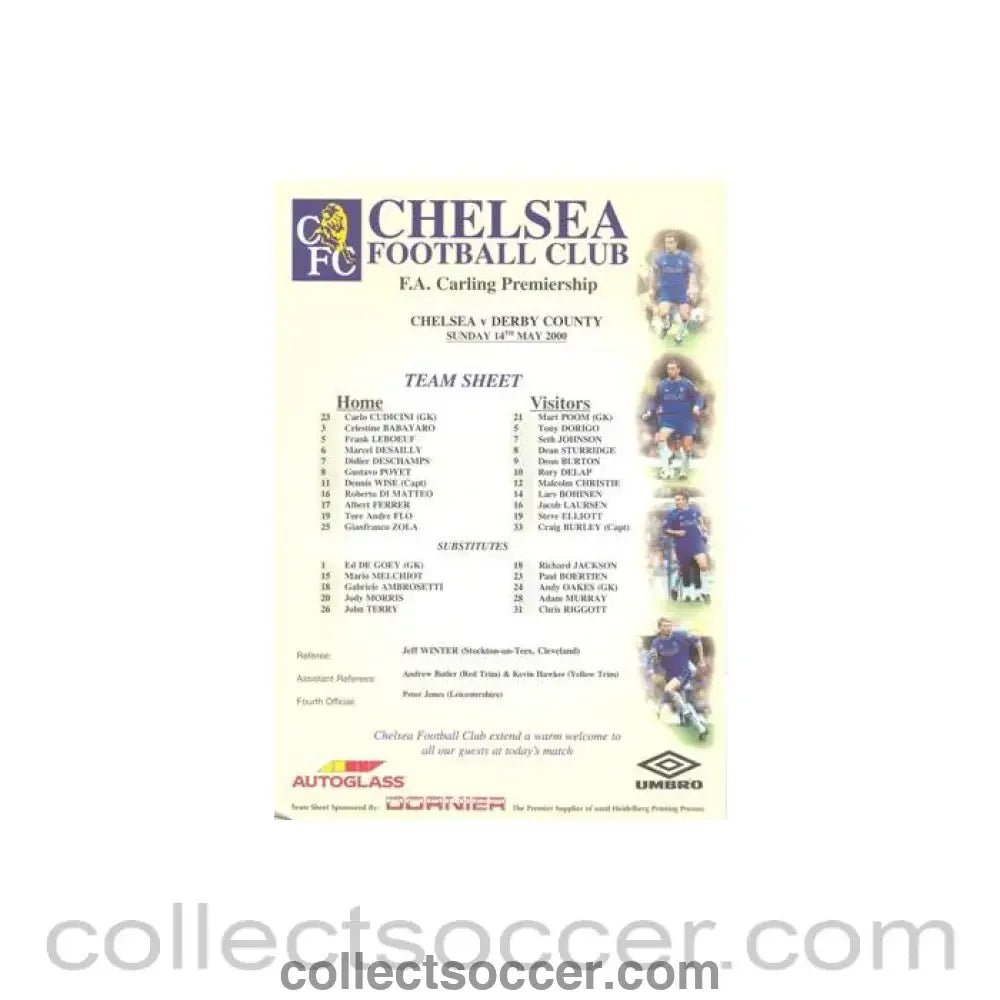 2000 - Chelsea v Derby County official colour teamsheet 14/05/2000 Premier League - Collect Soccer