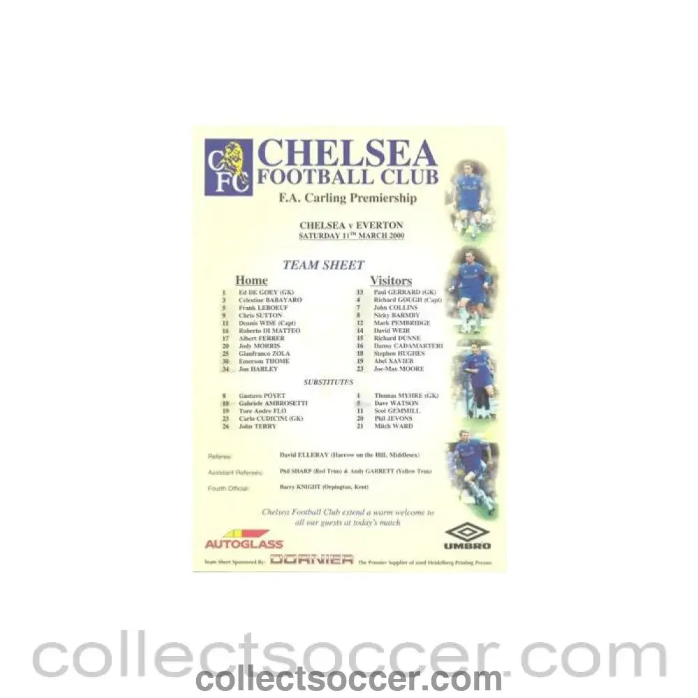 2000 - Chelsea v Everton official colour teamsheet 11/03/2000 Premier League