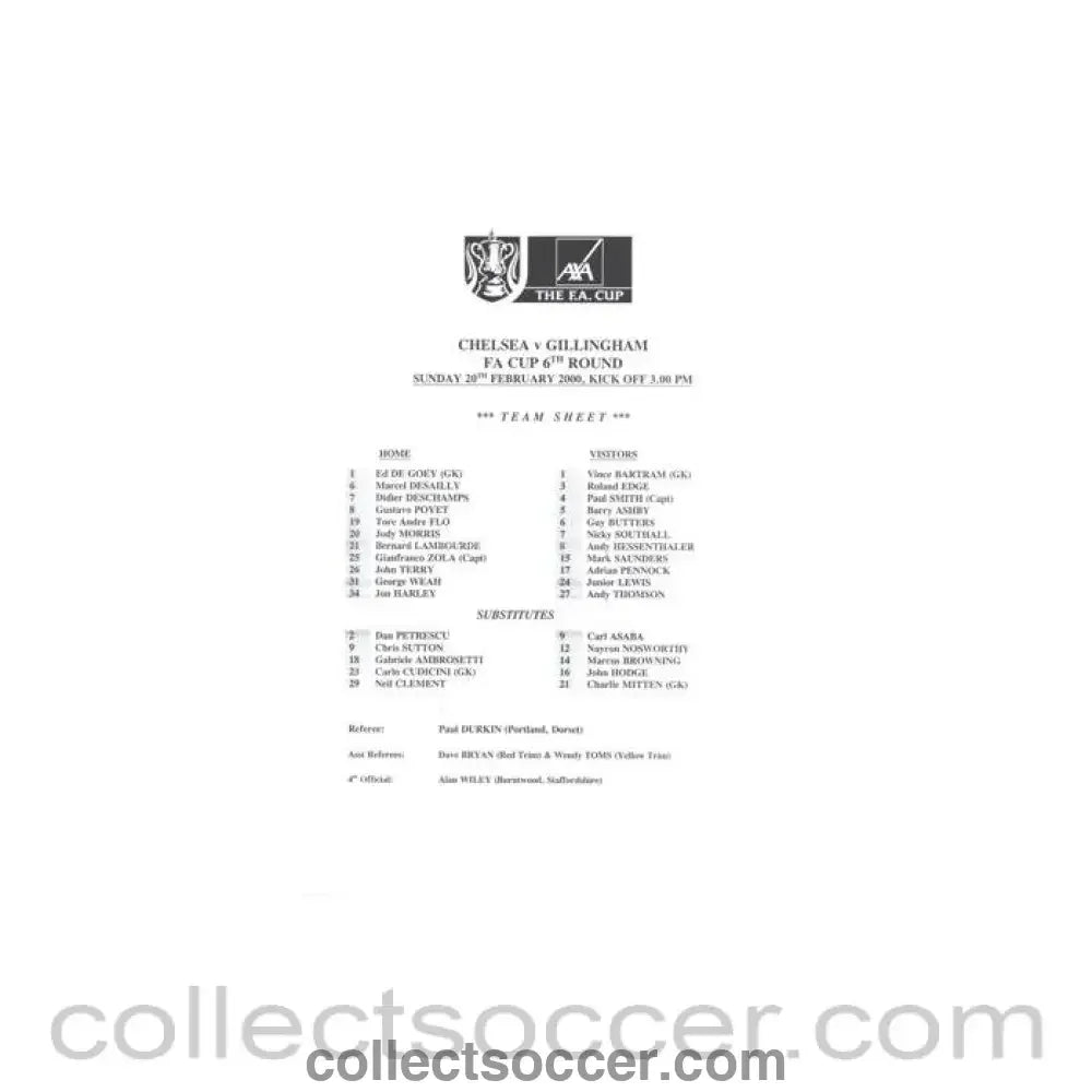 2000 - Chelsea v Gillingham official teamsheet 20/02/2000 F.A. Cup
