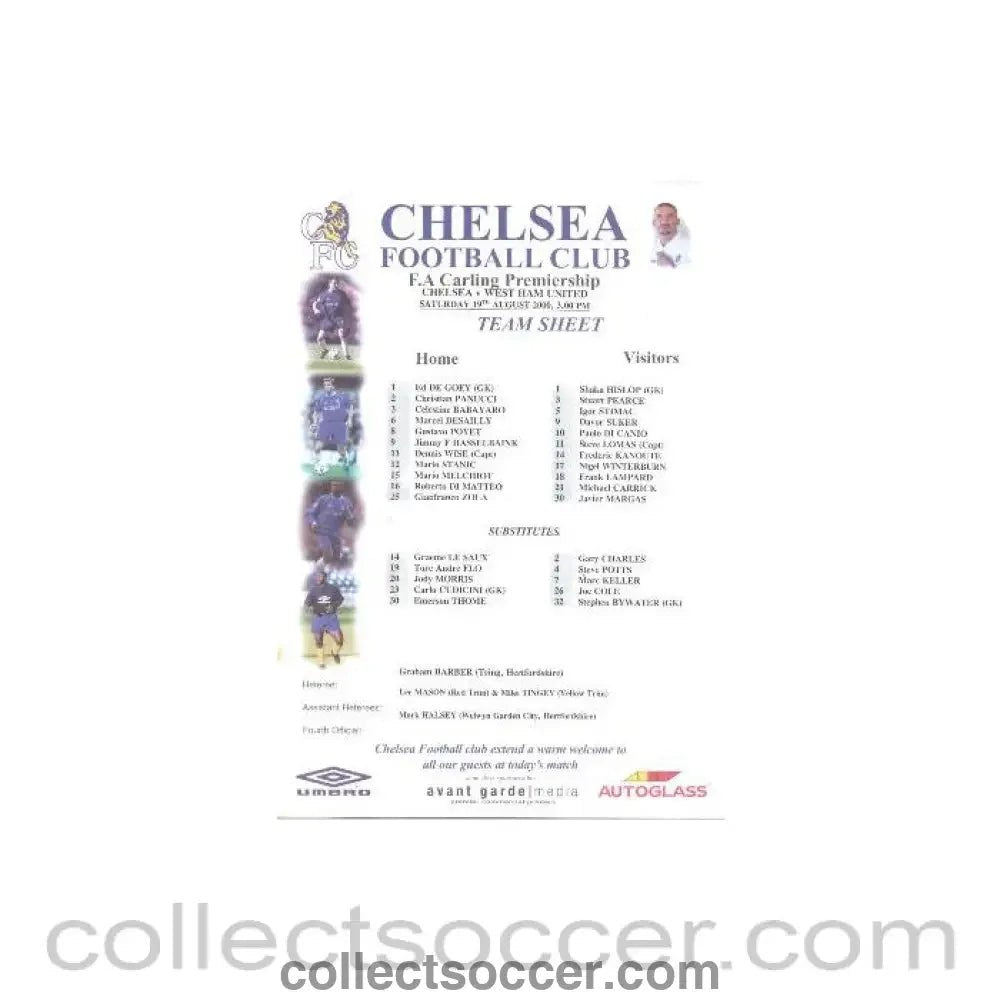2000 - Chelsea v West Ham United official colour teamsheet 19/08/2000 F.A .Carling Ptremiership - Collect Soccer