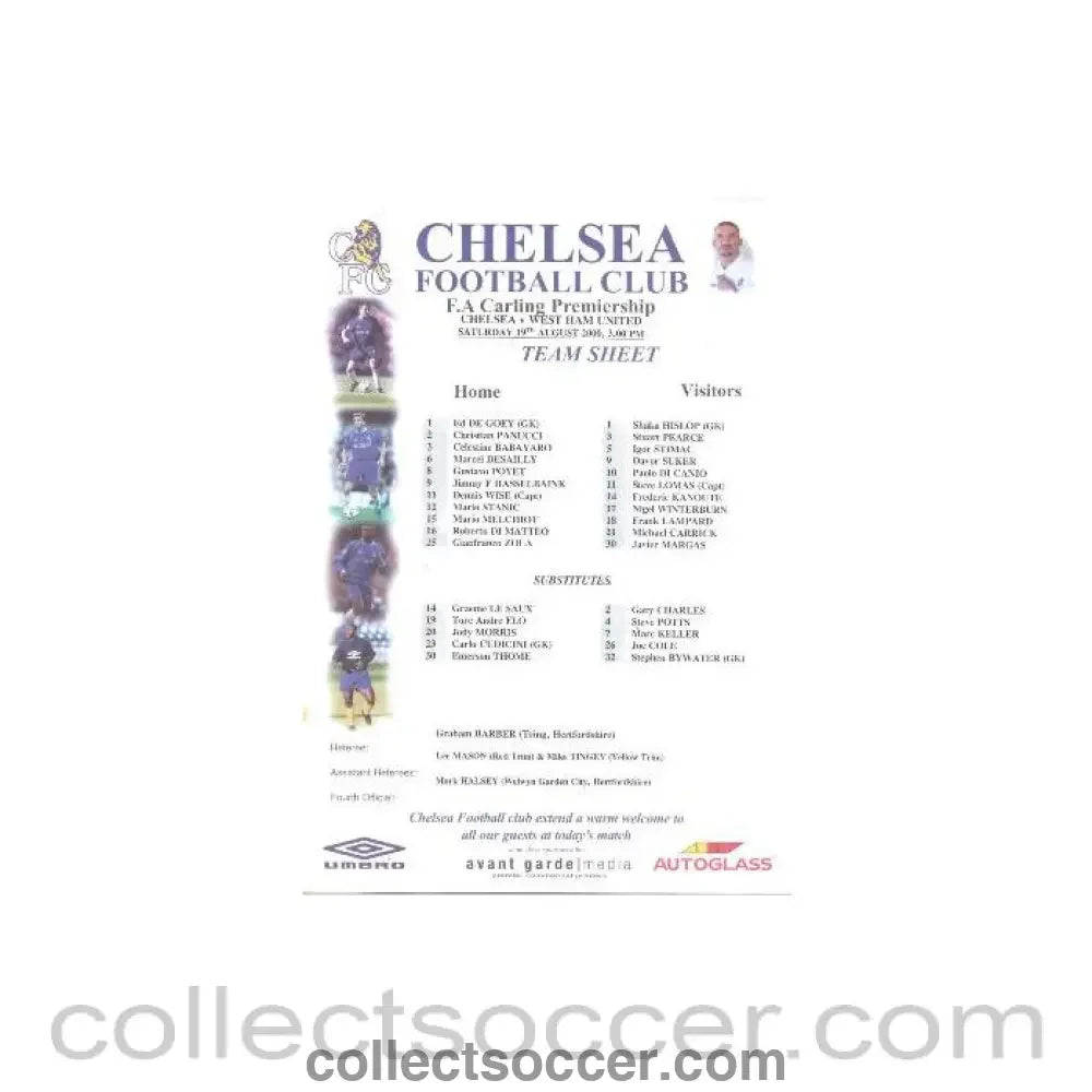 2000 - Chelsea v West Ham United official colour teamsheet 19/08/2000 F.A.Carling Ptremiership