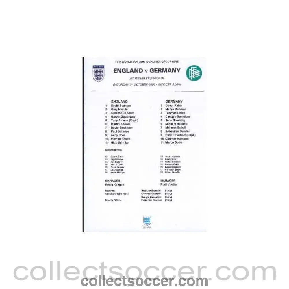 2000 - England V Germany 07/10/2000 Last at Wembley Teamsheet 2002 World Cup Qualifier