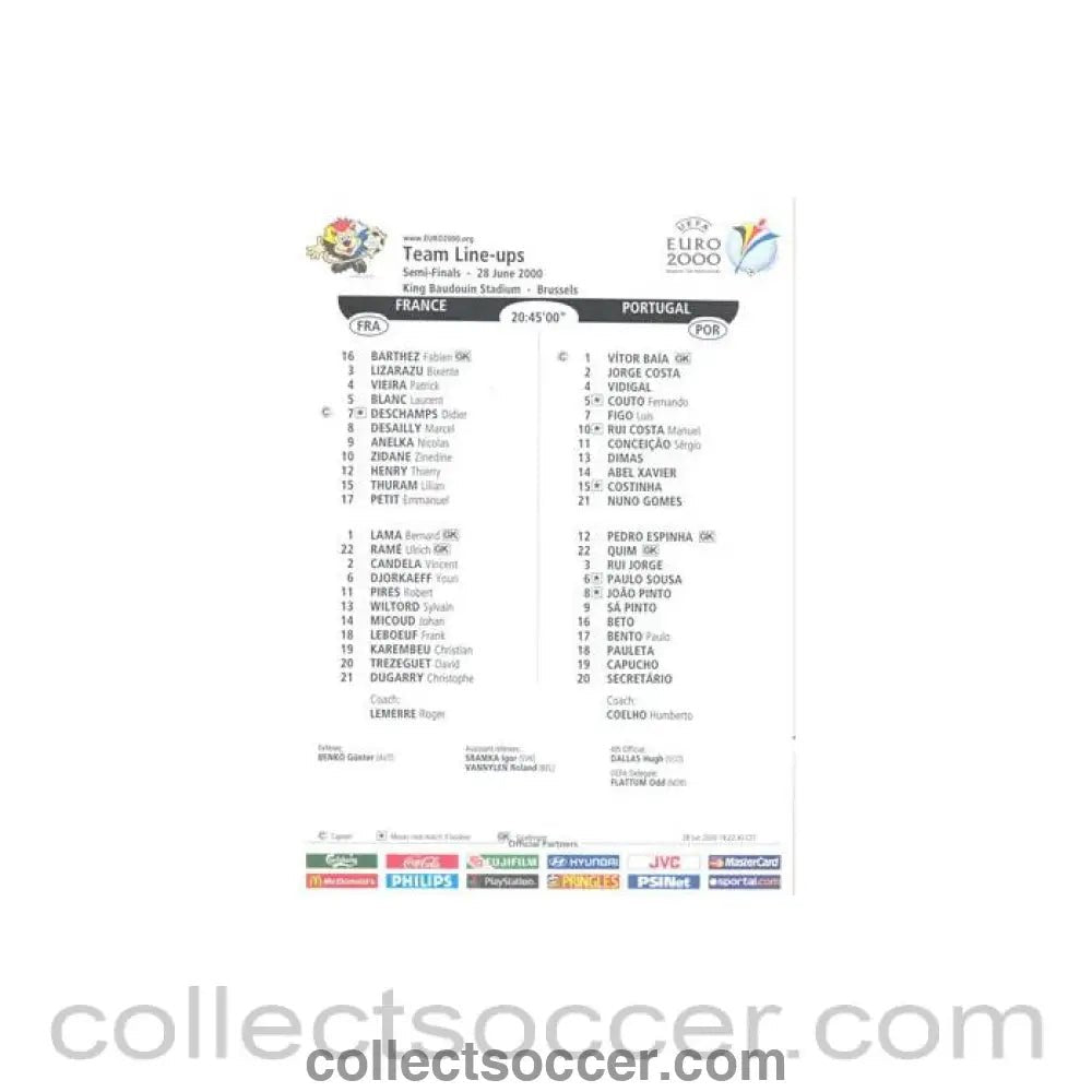 2000 - Euro 2000 - France v Portugal 28/06/2000 Teamsheet - Collect Soccer