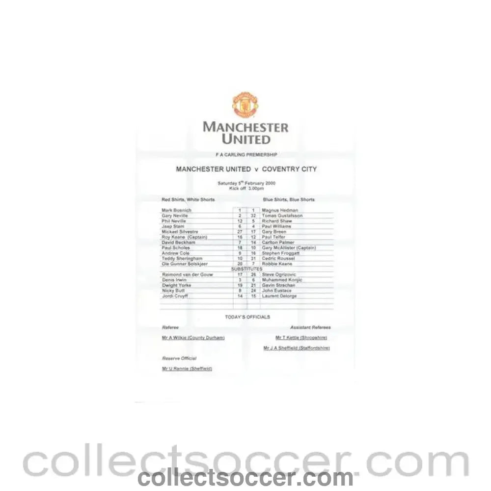 2000 - Manchester United v Coventry City official colout teamsheet 05/02/2000 Premier League - Collect Soccer